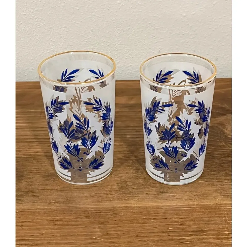 Vintage Frosted Glasses Blue Leaf Design‎ Gold Rim Barware Mid Century